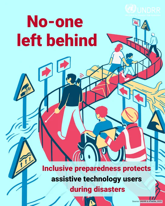 Illustration showing diverse people, including a person with a white cane and a wheelchair user, navigating a winding red path with disaster warning signs, emphasizing no one is left behind.

