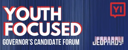 Banner announcing a youth-focused governor's candidate forum with the Young Invincibles and Jeopardy logos.