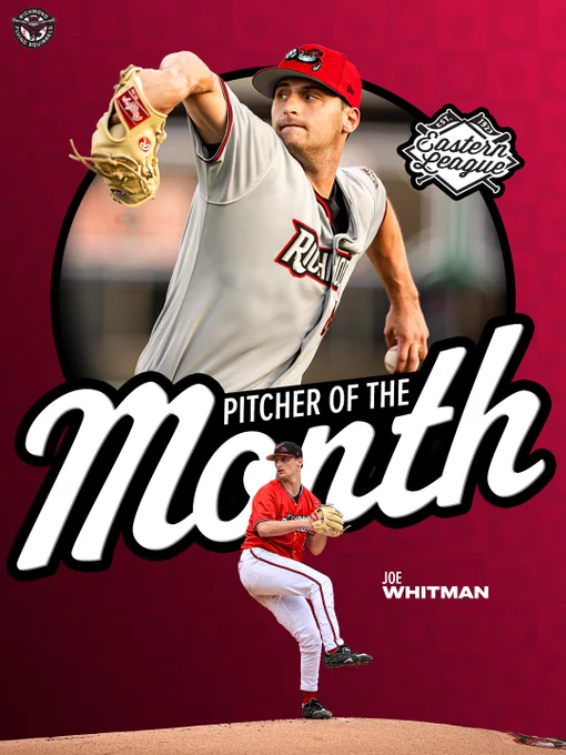 Dynamic baseball image showcasing Pitcher of the Month award with bold typography against a red background, highlighting a player's action shot.