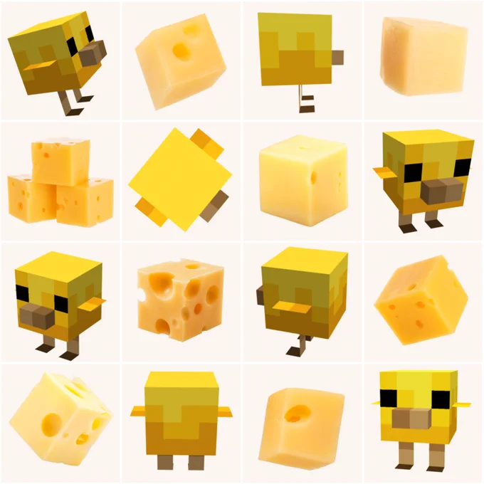 Image of a few baby chicks in Minecraft next to real life shots of cubes of cheese. Which is which?