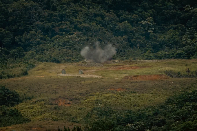 A Neros Archer attack drone impacts a target on a live-fire range on Camp Schwab, Okinawa, Japan, May 28, 2026. The range was conducted to familiarize U.S. Marines from 2nd Battalion, 8th Marine Regiment, 3rd Battalion, 7th Marine Regiment, and 3rd Light Armored Reconnaissance Battalion on the Neros Archer drone. (U.S. Marine Corps photo by Cpl. Joaquin Dela Torre)