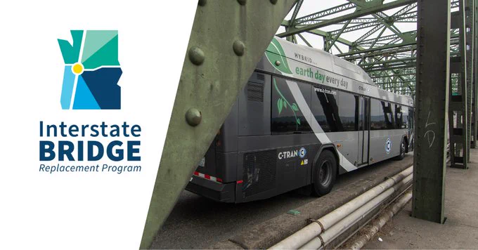 A C-TRAN bus is driving on the Interstate with a banner that says "Earth Day every day" and features leaf designs. The left side of the image displays the logo for the Interstate Bridge Replacement Program.