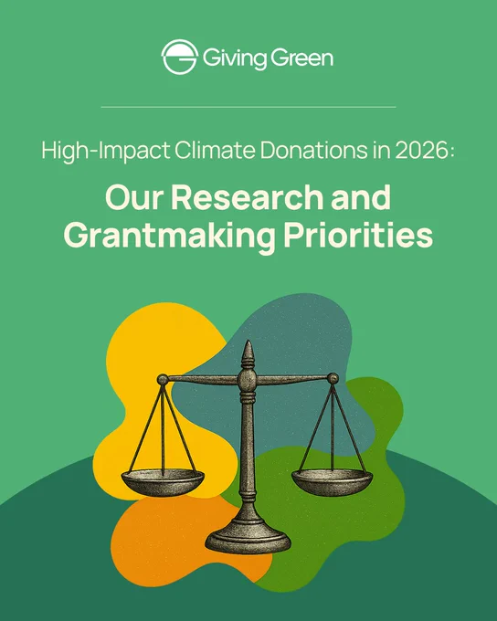 Cover slide on a green background. The Giving Green logo sits at the top, above the title "High-Impact Climate Donations in 2026: Our Research and Grantmaking Priorities." Below the text, an illustration of a balanced weighing scale rests on colorful organic blob shapes in yellow, teal, green, and orange.