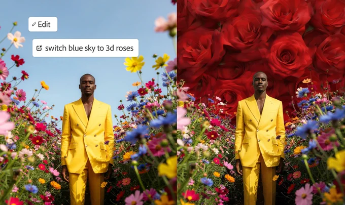 Two side-by-side images show a Black man in a yellow suit standing in a field of colorful flowers. Left: a blue sky. Text overlays say \"Edit\" & \"switch blue sky to 3d roses\". Right: the blue sky is replaced by a mass of red 3D roses.