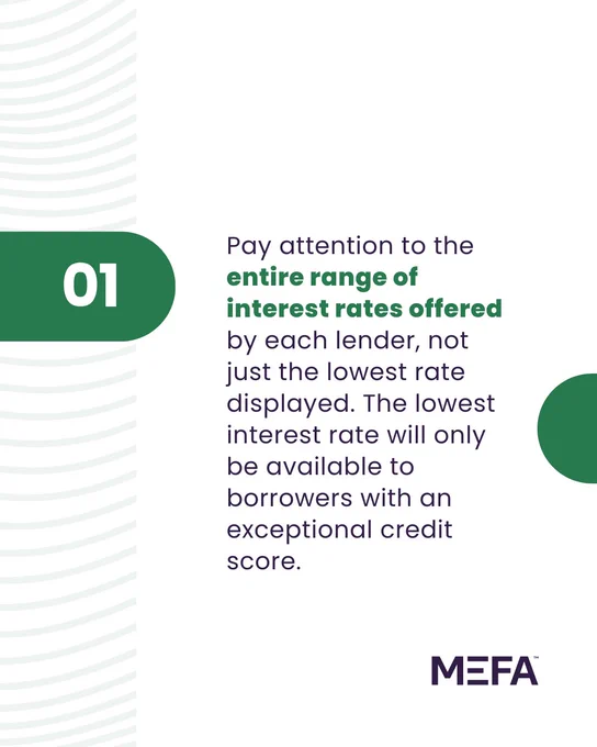 A graphic with text: "01. Pay attention to the entire range of interest rates offered by each lender, not just the lowest rate displayed. The lowest interest rate will only be available to borrowers with an exceptional credit score." MEFA logo at the bottom right.