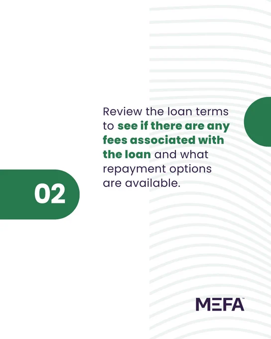 A graphic with the number "02" in a green circle. Text reads, "Review the loan terms to see if there are any fees associated with the loan and what repayment options are available." The MEFA logo is at the bottom right. Background features wavy green lines.