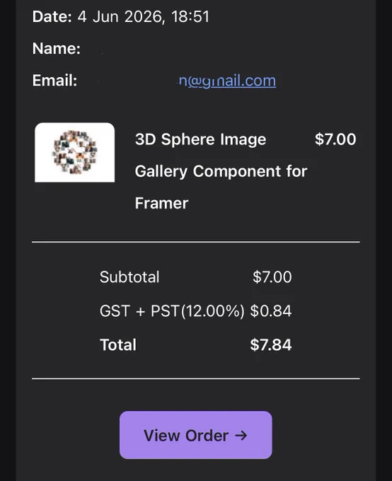 Image showing a sale from framer marketplace, 7$ sale of a component