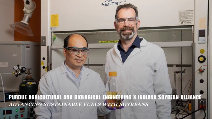 Graphic of Junli Liu and Nathan Mosier holding soybean-based biokerosene in a lab with text that reads “Purdue agricultural and biological engineering x Indiana Soybean Alliance; Advancing sustainable fuels with soybeans.”