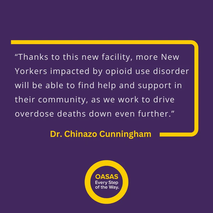 Quote from Dr. Chinazo Cunningham on a purple background about a new facility helping New Yorkers with opioid use disorder.