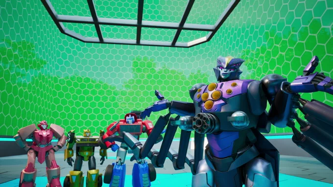 Transformers character Airachnid shrugs towards camera as Elita-1, Bumblebee and Optimus Prime look on from the background with annoyance. All of them inside a program on Transformers: CYBERWORLD.