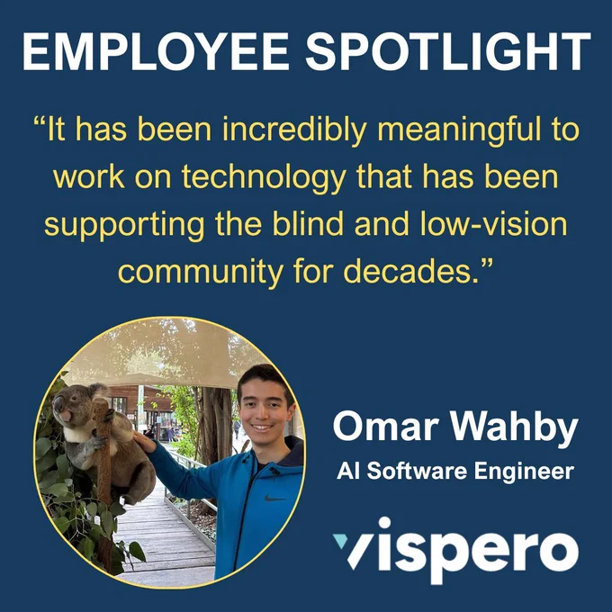 Employee Spotlight; Omar Wahby (pictured standing next to a Koala) AI Software Engineer. Quote from article: “It has been incredibly meaningful to work on technology that has been supporting the blind and low-vision community for decades.”