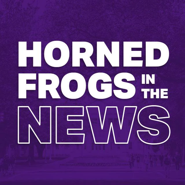 Bold white text on a purple background reads, "Horned Frogs in the News.