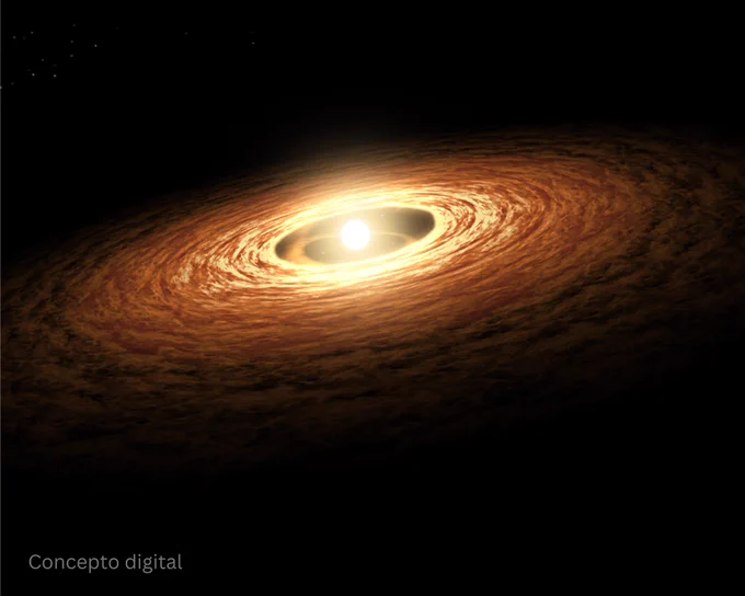 Esta es una representación digital de una estrella joven rodeada por un disco de gas y polvo. La ilustración muestra una estrella central brillante rodeada por un disco aplanado y arremolinado de polvo y gas, visto en ángulo contra un fondo oscuro.