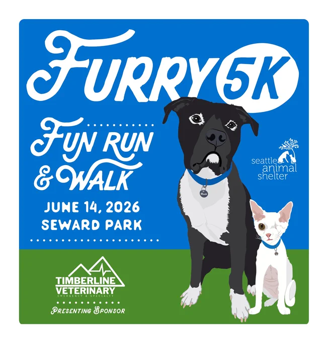 Poster for the "Furry 5K Fun Run & Walk" at Seward Park on June 14, 2026. Features a dog and a cat with one eye. Sponsored by Timberline Veterinary. Seattle Animal Shelter logo is included.