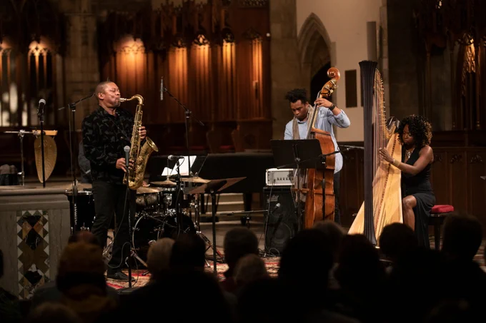 Ravi Coltrane performing his mother Alice Coltrane's music in Rockefeller Chapel during Chicago's Hyde Park Jazz Festival.
