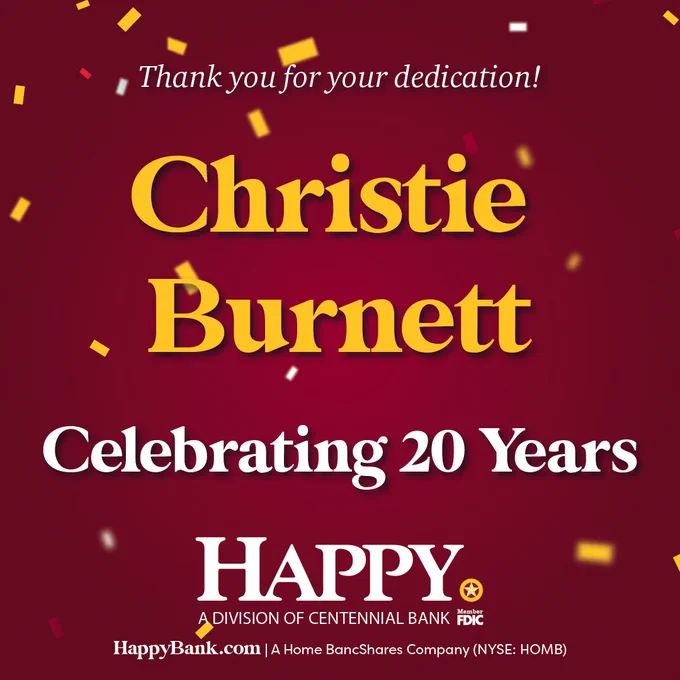 Thank you message honoring Christie Burnett for 20 years of dedication with Happy Bank branding and festive confetti.