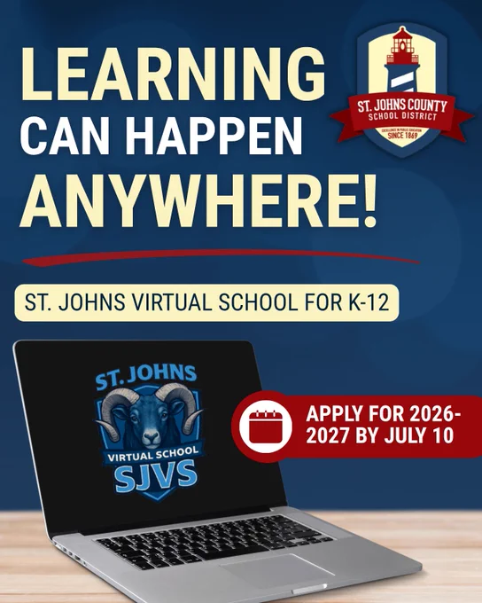 Laptop displaying St. Johns Virtual School logo with text promoting K-12 virtual learning and application deadline for 2026-2027.