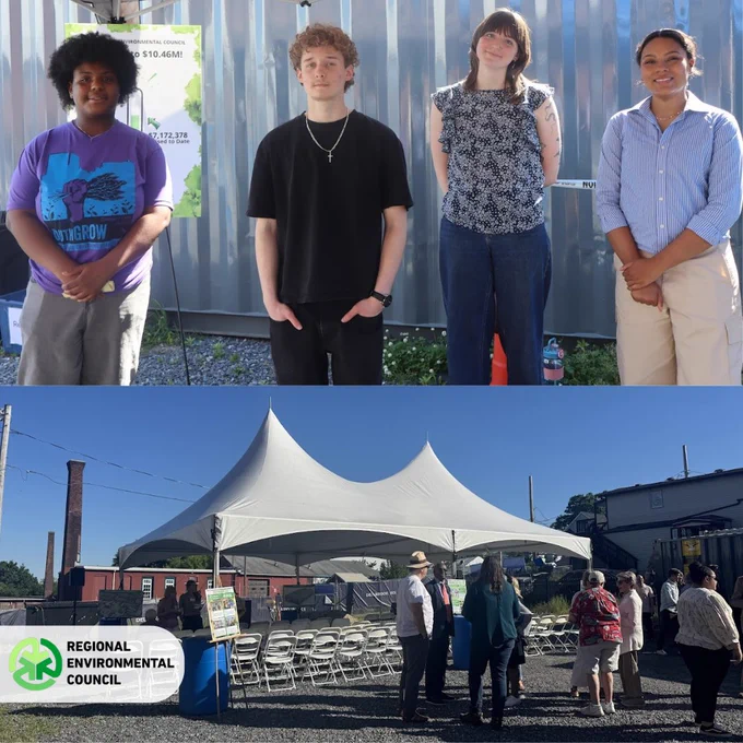 Photo collage 
Photo 1: Two youthGROW teens & REC staff standing side by side at the groundbreaking event. 
Photo 2: The Lux Point Events tent. 