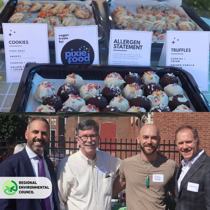 Collage of two photos.
Photo one: Tray of vegan truffles coated in white and dark chocolate with colorful sprinkles, displayed alongside signs listing cookies, allergen info, and Pixie Food branding.
Photo two: 4 Community members pose for a photo at the REC groundbreaking. 