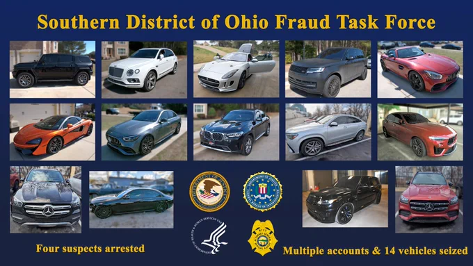 Four luxury vehicles seized by Southern District of Ohio Fraud Task Force with suspects arrested in fraud investigation.
