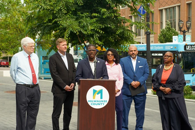 Milwaukee County Executive David Crowley speaking at today's event.