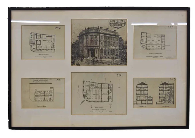 Coming to auction, a framed set of five cross section and floor plans plus a lithograph (?) of the Alliance Assurance Company building, Newcastle upon Tyne.

Designed by Newcomb and Newcomb Architects and built in 1910.

45.5cm x 68cm.

Image: Special Auction Services, Newbury