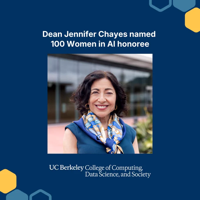 Dean Jennifer Chayes leans against the staircase railing inside the Barbara and Gerson Bakar Gateway, home of the UC Berkeley College of Computing, Data Science, and Society. Text reads: “Dean Jennifer Chayes named 100 Women in AI honoree.”
