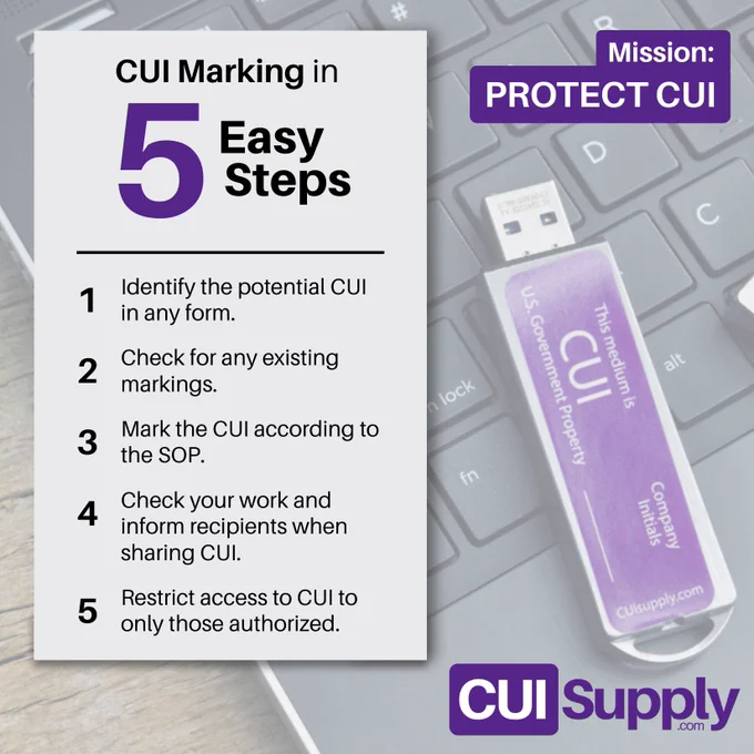 Proper CUI marking doesn’t have to be complicated—or a major audit risk.
Here is an easy-to-follow 5-Step CUI Marking that anyone on your team can use to: 

 Slash marking errors, 
 Speed up onboarding & daily workflows,
 Build a stronger compliance culture, and
Impress assessors with procedures.
