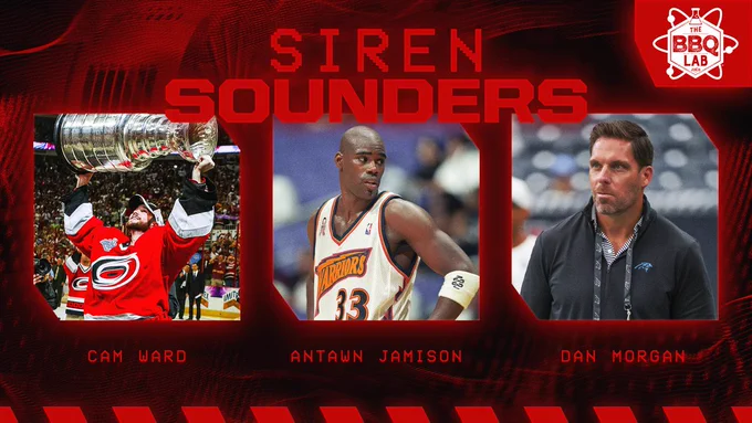 Graphic promoting tonight's siren sounders: Cam Ward, Antawn Jamison, and Dan Morgan 