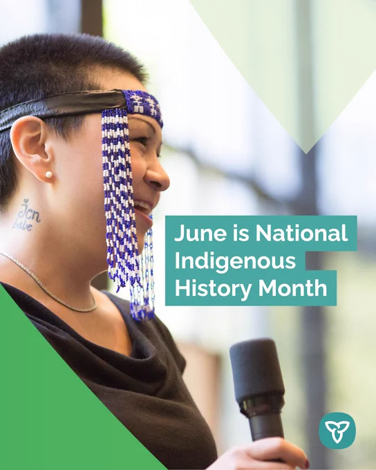 Copy: June is National Indigenous History Month
Alt text: Inuit person wearing beaded headpiece speaking on a microphone.