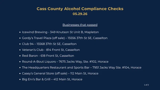 List of Cass County alcohol compliance checks dated 05.29.26 showing multiple businesses that passed, including names and addresses.