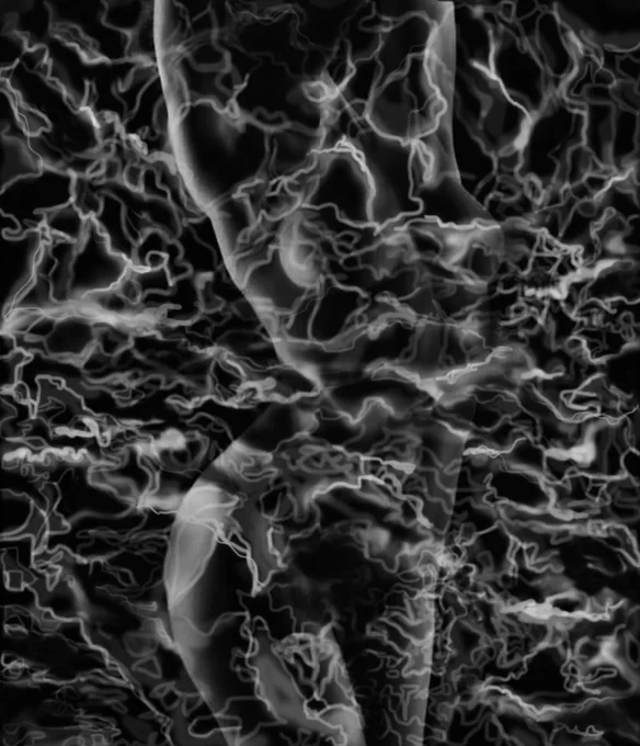 She stands naked and faceless, her body an unapologetic offering to the gaze of the world. Behind the textured veil that seeks to obscure her, her shadow rises with hand raised high — a silhouette of pure confidence. She fears nothing. No barrier, no judgment, no shadow can diminish her. In revealing herself despite every obstacle, she transforms concealment into power and absence into undeniable presence.