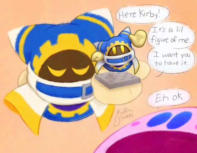 Magolor holds up a poor mockup of a Magolor Nendoroid sayong, "Here Kirby! It's a lil figure of me. I want you to have it." Kirby looks up to it responding, "Eh ok"