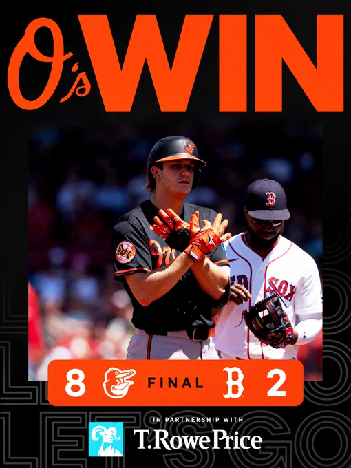 O’s WIN!

Orioles - 8
Red Sox - 2

The graphic features an image of Mayo celebrating a hit on base in Boston. He is wearing a black Orioles jersey and a batting helmet.