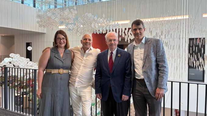 Jamie Reimer Seaman (Richard H. Larson Distinguished Professor of Music-Voice), Paul Barnes (Marguerite Scribante Professor of Piano), Pres. Gold and Glenn Korff School of Music Director Felix Olschofka. 