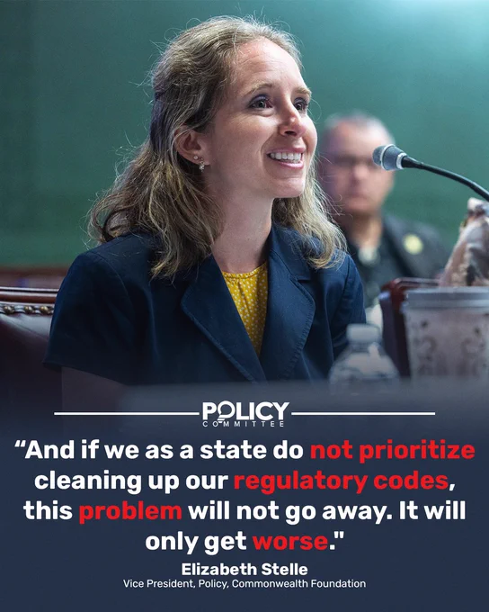 Elizabeth Stelle, VP of Policy at Commonwealth Foundation, speaks at a Policy Committee hearing with quote overlay.