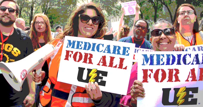 Medicare for all UE signs held by protesters