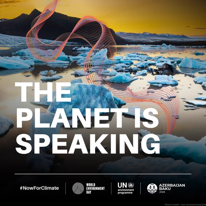 "The planet is speaking. #NowForClimate." The photo shows chunks of polar ice floating in liquid water beneath a yellow sky.