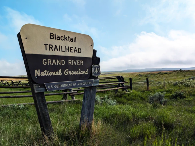 Blacktail Trailhead identification sign marks the entrance to the Blacktail Picnic Area and Blacktail Trail, located in the northwestern part of the Grand River National Grassland, about 15 miles south of Lemmon, S.D., via Forest Service roads off State Highway 73.