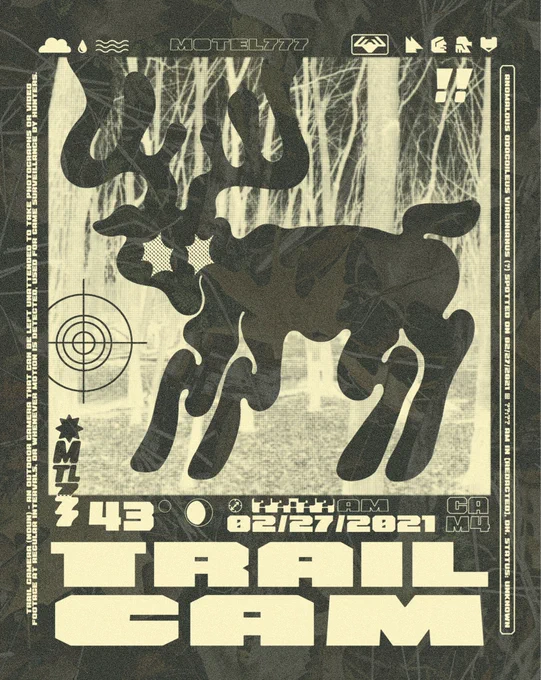 A graphic design / illustration meant to reference nature trail cam footage. It features a strange deer standing in a photorealistic forest.