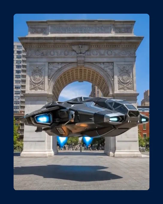 A spacecraft floating in front of a large arc.