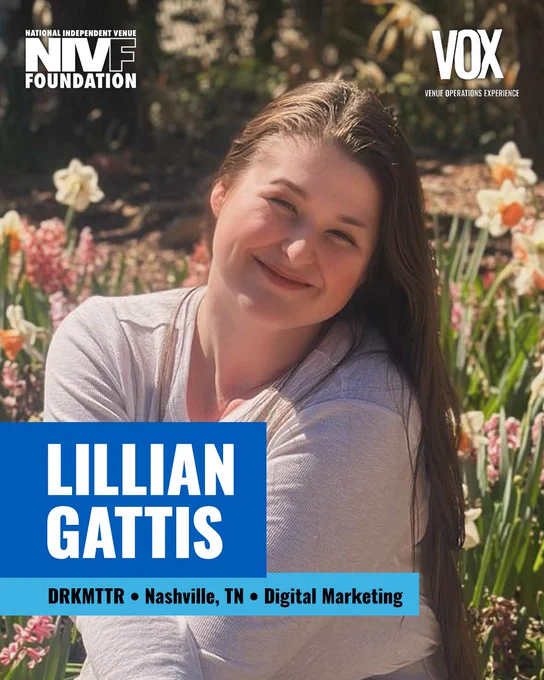 A cheerful portrait of Lillian Gattis in a garden, conveyed in a warm and welcoming mood. Text overlays provide information about her role in digital marketing at DRKMTTR, Nashville.