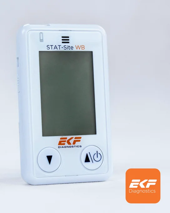White EKF Diagnostics STAT-Site WB handheld medical device with a blank screen and control buttons on a light background.