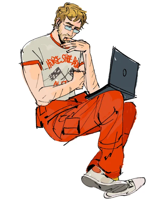 Drawing of Ryland Grace from Project Hail Mary sitting with his legs crossed at the ankle. He has an open laptop perched on his knees, slightly hunching his body over it. He looks at the laptop on concentration, eyebrows lightly furrowed. His left hand is lightly rubbing his bottom lip as he thinks, the other arm is held close to his body across his stomach. He wears a white ringer shirt with his red flight suit half down and wrapped around the waist.