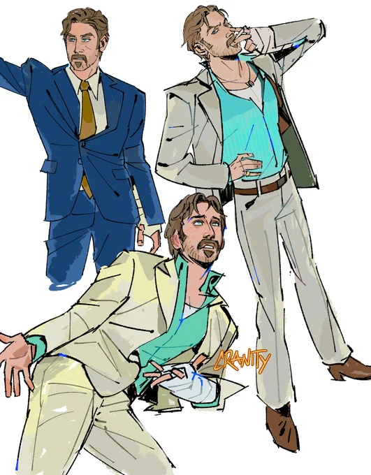 Drawings of Holland March from the Nice Guys. On the top left is him in his blue suit and mustard tie leaning against a wall, looking tired. On the bottom of the page is him in his cream suit and turquoise shirt, strewn across the floor and looking up in disbelief, using one arm (the broken one with a cast) to prop himself slightly up. His hands splay out as if to say "look at this!" On the top right is a fullbody drawing of him in the same suit standing up. His right arm is bent to rest his hand on his waist confidently, his other arm bending up high to place a cigarette on his lips. His chest is puffed out slightly and his is looking at the viewer.