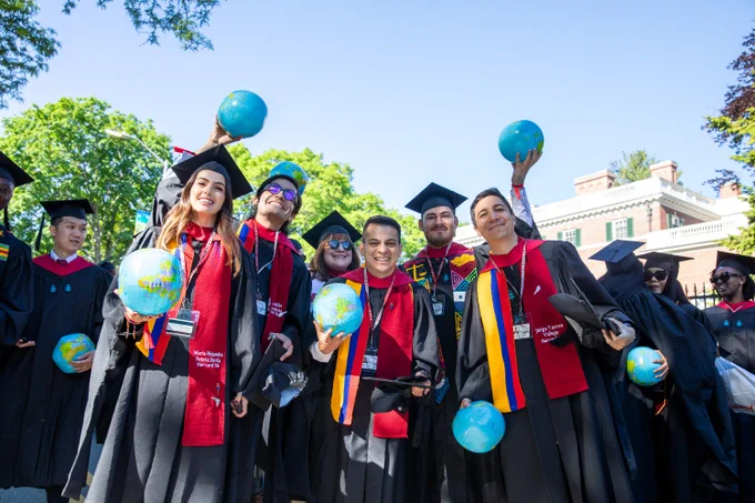 A group of graduates holding inflatable globes.