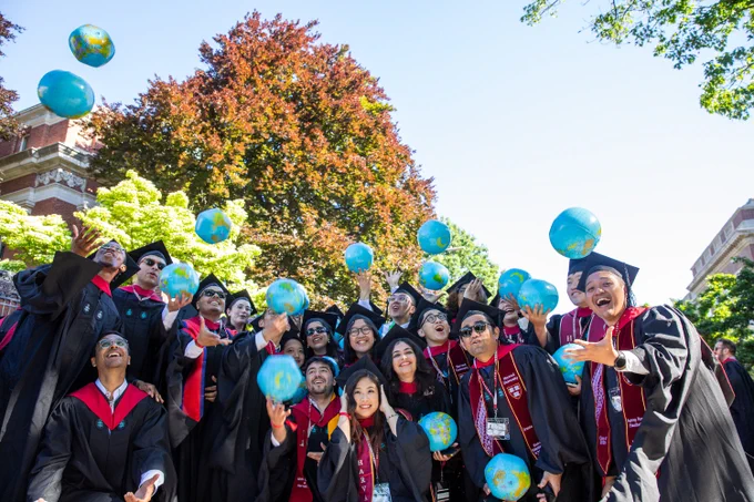 A large group of graduates throwing inflatable globes in the air.