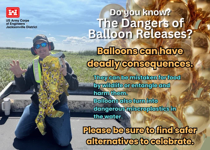 Help keep the waterways safe for local wildlife by keeping balloons and other harmful plastics out of the water. You can make a difference! #USACE #Cleanup #BalloonRelease #pickupyourtrash 