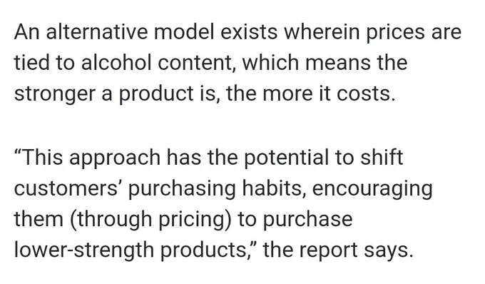 An alternative model exists wherein prices are tied to alcohol content, which means the stronger a product is, the more it costs.

“This approach has the potential to shift customers’ purchasing habits, encouraging them (through pricing) to purchase lower‑strength products,” the report says.