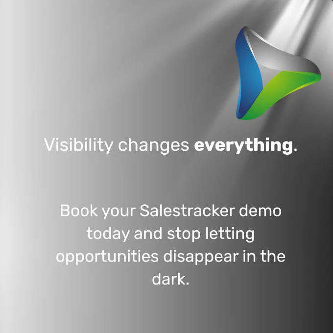 Promotional graphic for Salestracker featuring a logo and call-to-action text on a gradient background. The tone is professional and persuasive.